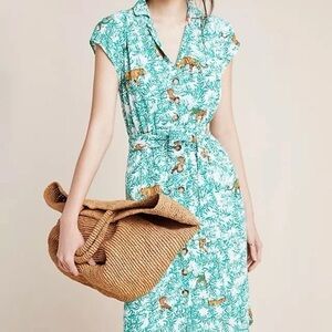 Maeve Jungle Print Midi Dress in Green and White